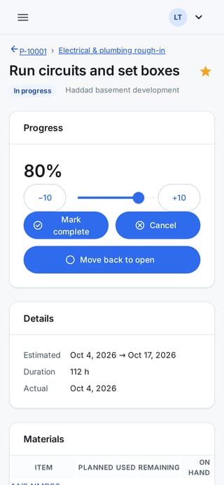 The same job's task on a phone: progress at 80 percent with buttons to mark it complete.
